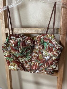 Tropical Leaf Print Bustier Crop Top - Brown & Green